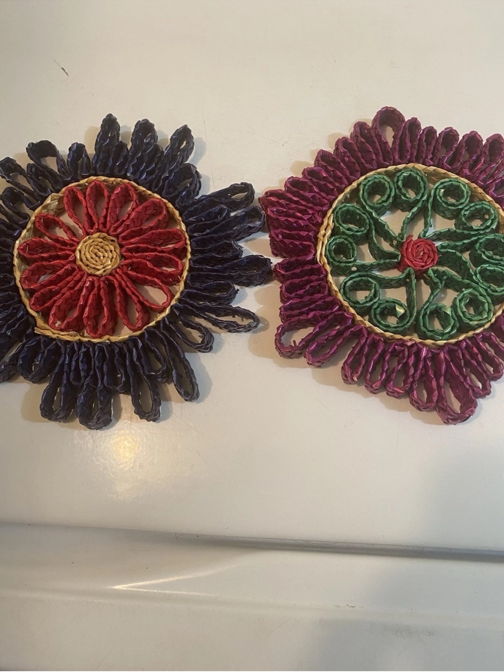 Source Unknown Raffia Floral Coaster Pair — Purple, Pink, Green, Red